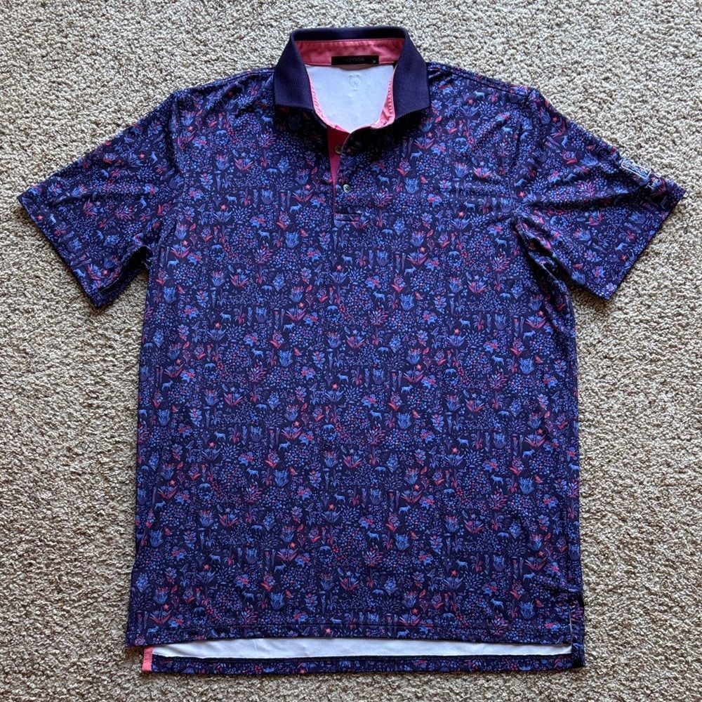 Greyson Flora & Fauna Deer Floral Pattern Print Tech Performance Golf Polo Shirt